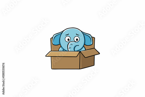 a sad elephant abandoned in a cardboard box, white background, t-shirt design