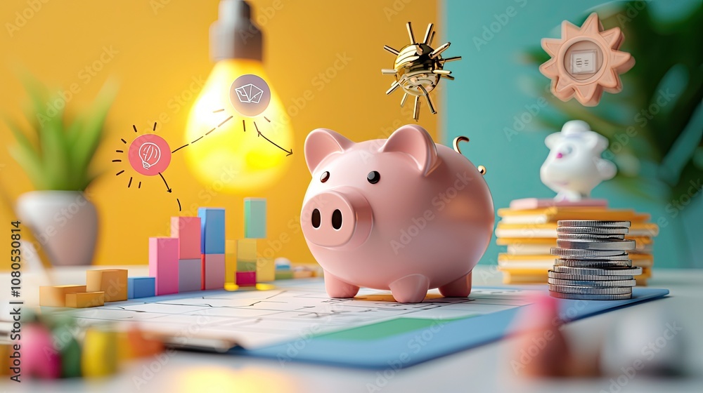 A colorful scene featuring a piggy bank, charts, and a glowing light bulb, symbolizing financial planning and savings. A colorful scene featuring a piggy bank, charts, and a glowing light bulb, symbolizing financial planning and savings.