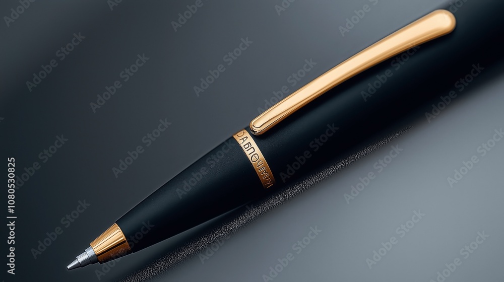 Close-up image of a black pen with gold accents featuring a clip and engraved details on the barrel, set against a blurred dark background. Close-up image of a black pen with gold accents featuring a clip and engraved details on the barrel, set against a blurred dark background.