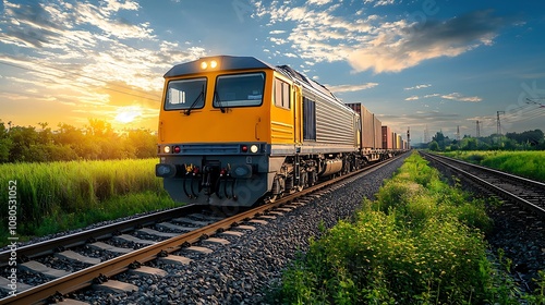 Vibrant Sunset Landscape Featuring Freight Train Moving Along Rail Tracks Surrounded by Lush Greenery Under a Beautiful Sky