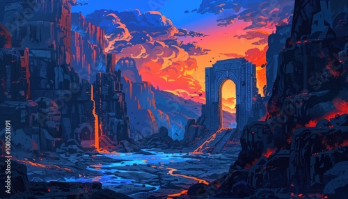 An Ancient Gateway Leading Through a Dramatic, Colorful, and Rocky Landscape