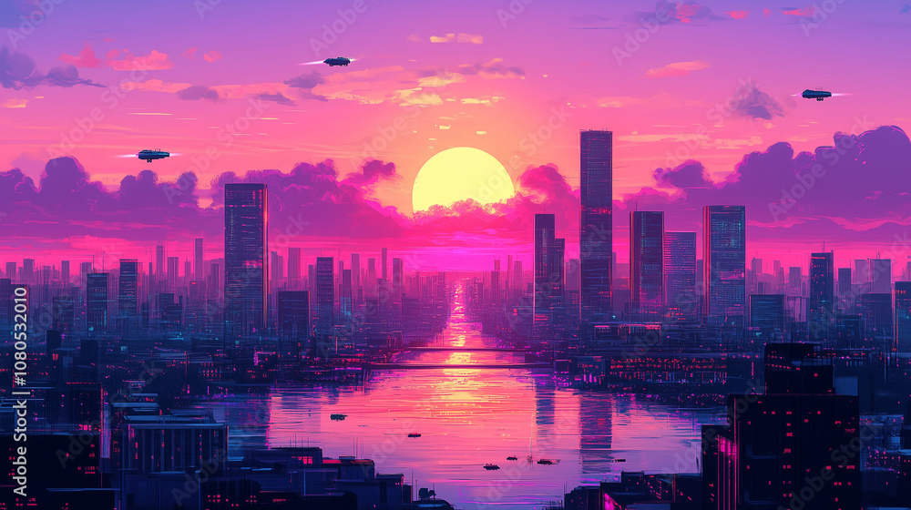 Fototapeta premium Futuristic City Skyline at Dusk with Neon Glow and Skyscrapers Reflecting Sunset Hues – A Cyberpunk Urban Landscape of Tomorrow’s Technology