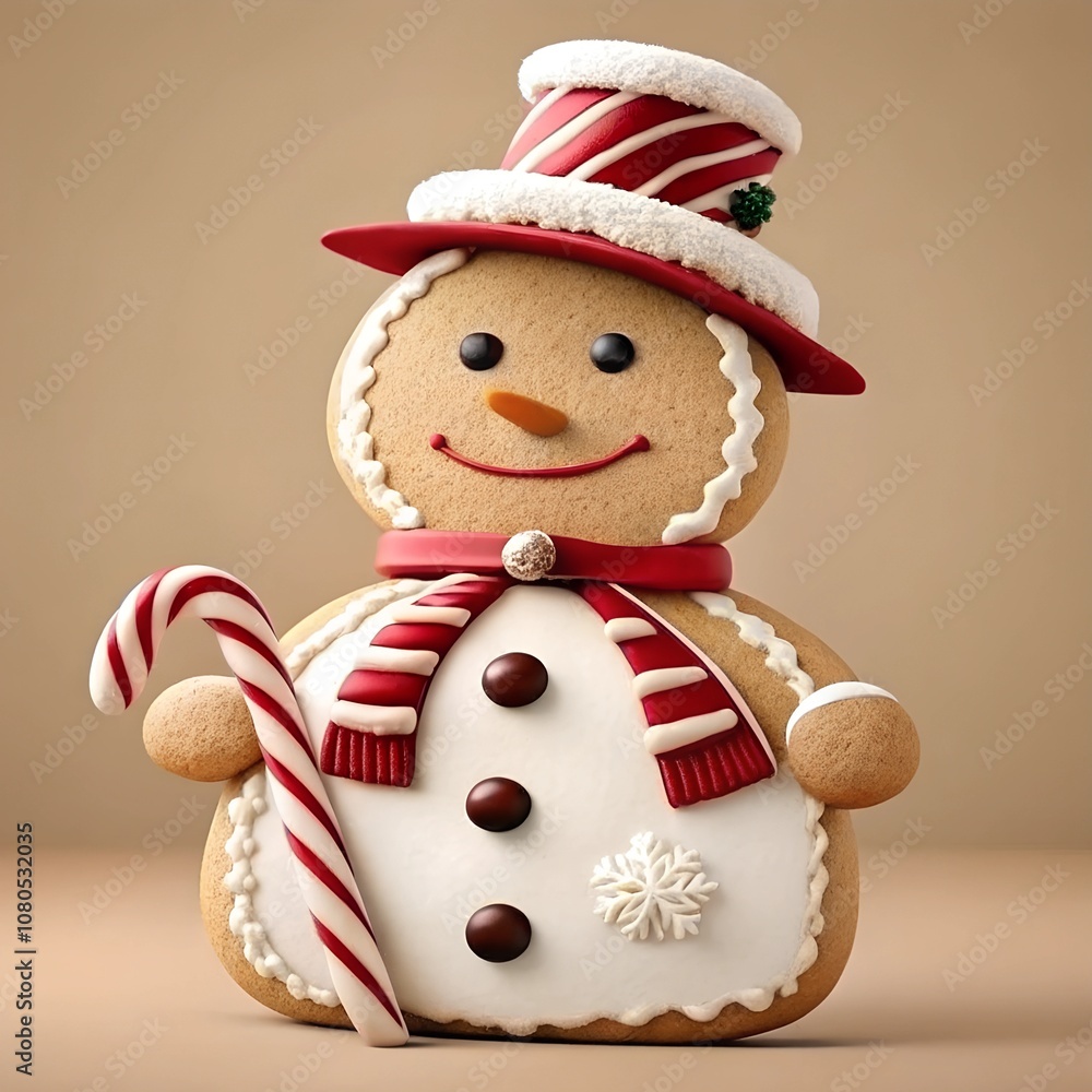 Fototapeta premium Snowman shaped gingerbread cookies. Christmas festive traditional sweets, baking, cookies, biscuit, gingerbread man.