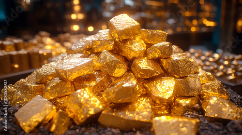 A pile of gold nuggets, each with an even shape and size, symbolizing wealth and prosperity. 