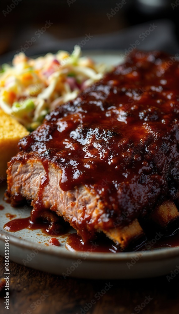 Deliciously Tender Barbecue Ribs with Rich Sauce and Coleslaw Sides