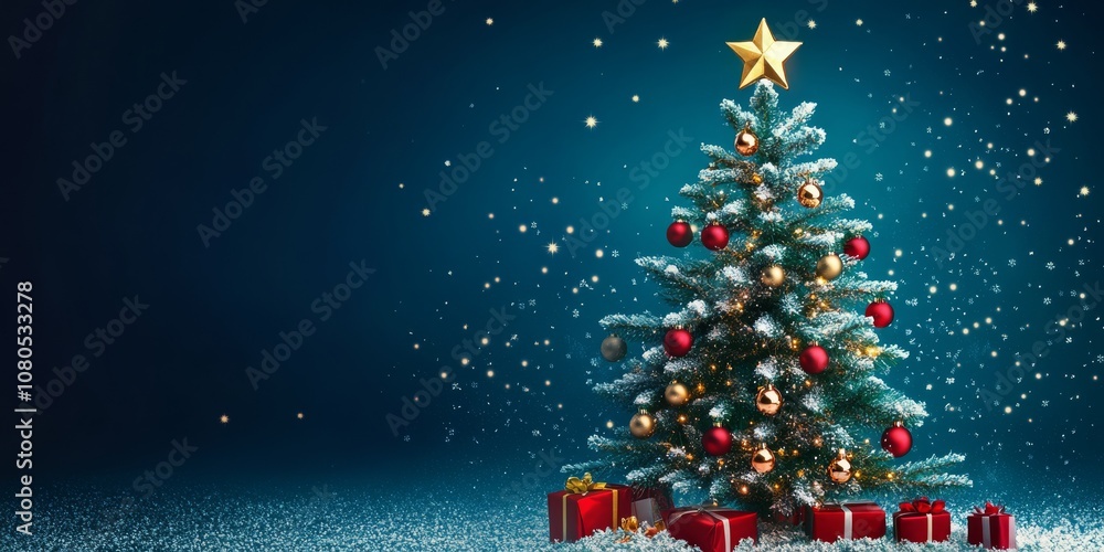 Beautifully decorated Christmas tree with gifts, set against a sparkling blue background, perfect for holiday-themed projects. Beautifully decorated Christmas tree with gifts, set against a sparkling blue background, perfect for holiday-themed projects.