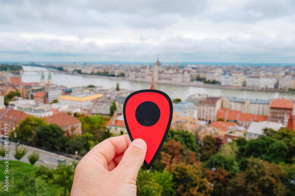 Fototapeta premium red marker in the Danube River in Budapest, Hungary