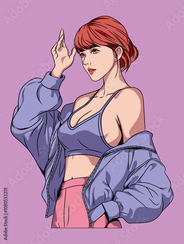 Modern Korean Style Portrait of a Fashionable Young Woman Pink Hair in Streetwear Vector Design illustration