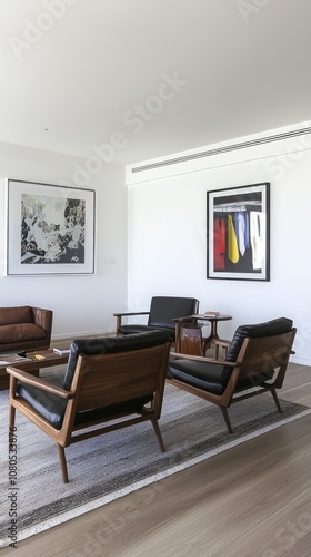 Four black leather chairs in a contemporary living room with hardwood floors, two framed paintings on the wall, a coffee table, and a rug.