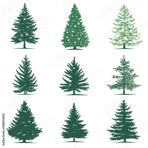 pine tree clip art set, watercolor style, on white background