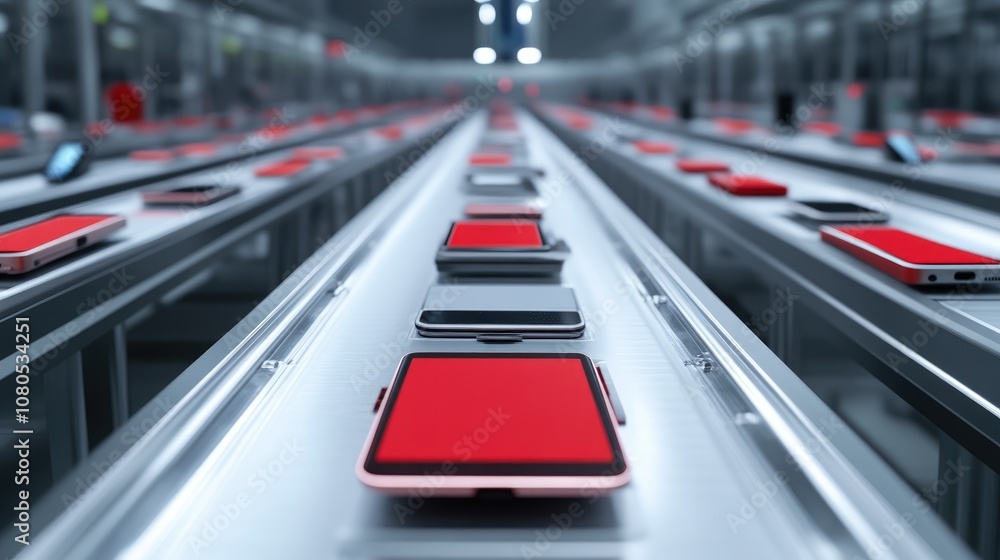 Smartphones moving on automated assembly conveyor belt Smartphones moving on automated assembly conveyor belt