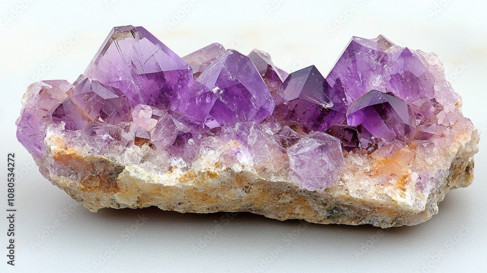 Amethyst crystal cluster showcased in natural lighting on neutral surface Amethyst crystal cluster showcased in natural lighting on neutral surface