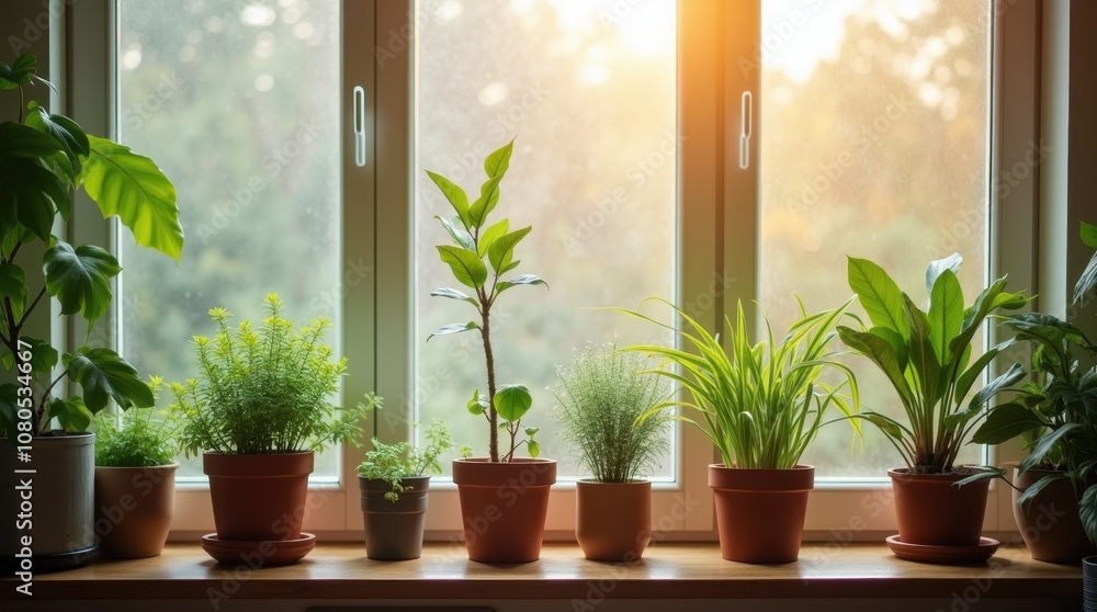 Repotting and Misting Indoor Plants on a Sunny Windowsill Repotting and Misting Indoor Plants on a Sunny Windowsill