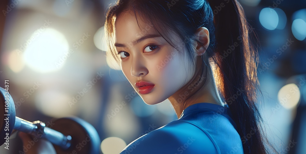 Fototapeta premium An Asian woman doing fitness exercises in a gym, with a beautiful face and long hair in a ponytail hairstyle, looking at dumbbells and weights in the background