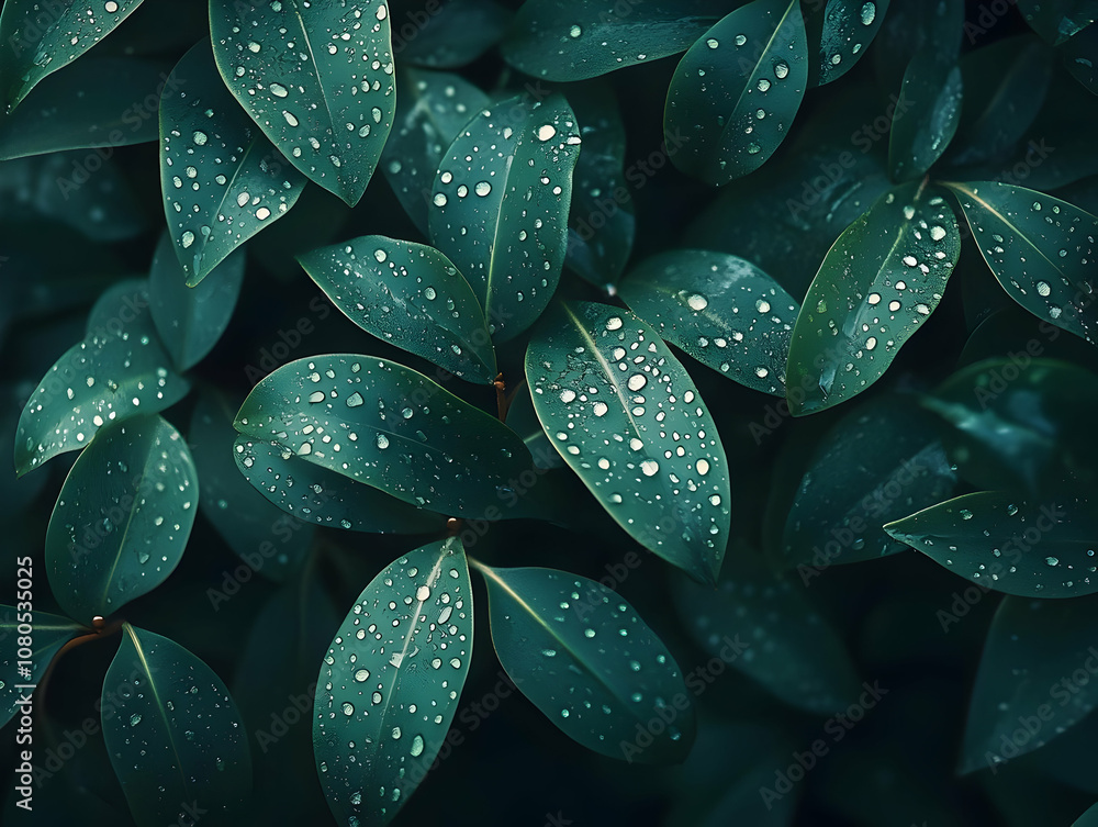 Fototapeta premium Photo Lush Green Leaves Dewdrops Nature Background
