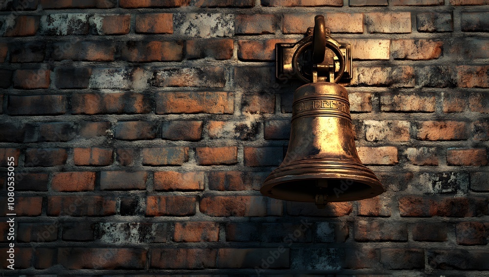 Obraz premium An old bell on a brick wall background. The concept of time, history, and education. A visual representation of the timeless nature of learning. 