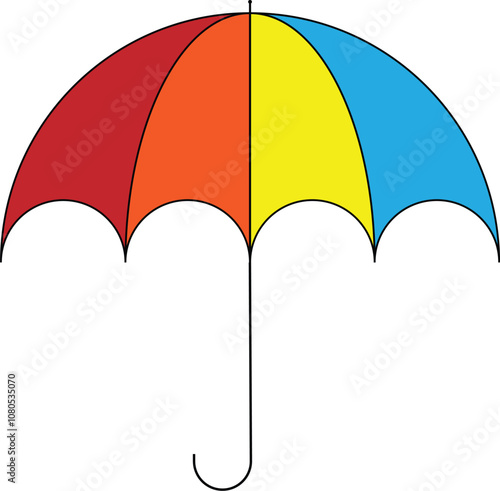 Brightly Colored Umbrella on a White Background
A simple cartoon drawing of an open umbrella with four distinct sections of color red orange yellow and light blue