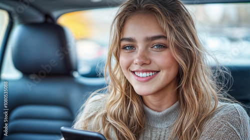 Jeune fille assise à l'arrière d'un taxi smartphone à la main