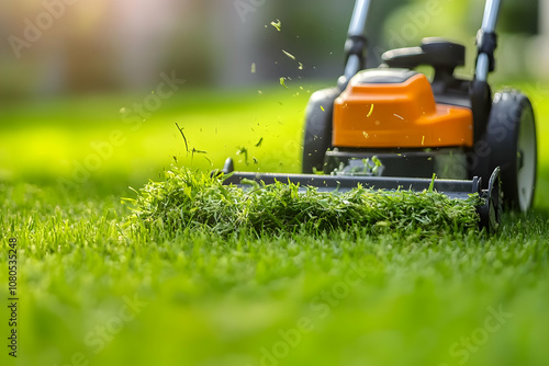 Photo - Lawn Mower Cutting Green Grass in Sunny Garden