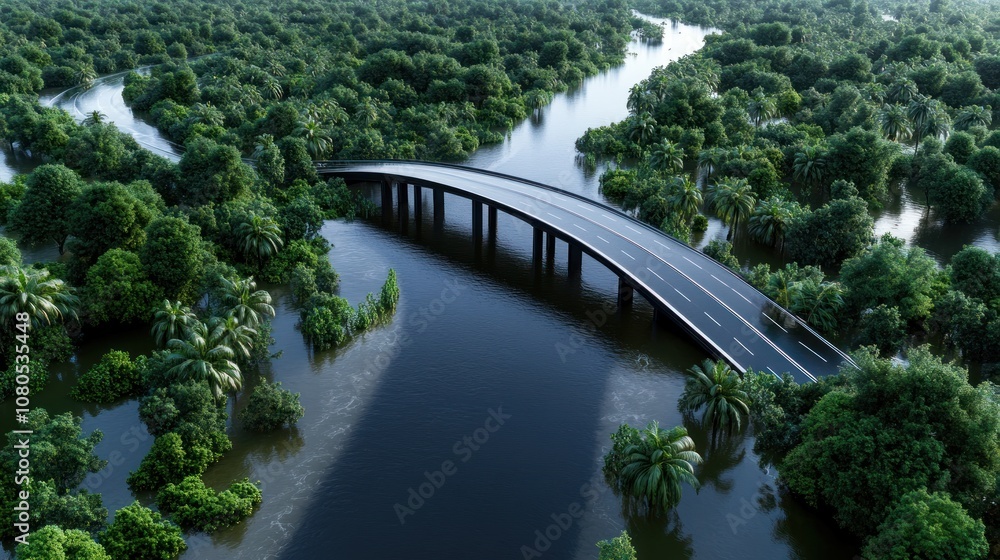 Aerial view of a bridge over flooded greenery and waterways. Aerial view of a bridge over flooded greenery and waterways.