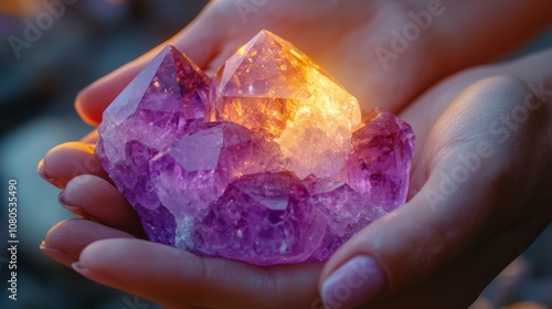 Glowing amethyst crystal held in healing hands