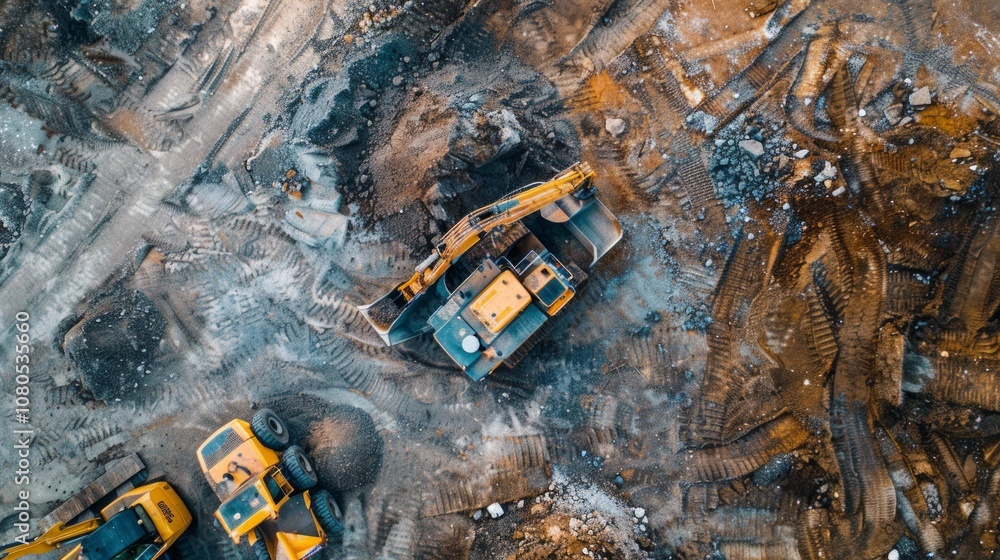 Aerial view of a busy construction site with yellow excavators and a truck, surrounded by sand and gravel piles. Well-coordinated construction efforts evident despite challenges. Aerial view of a busy construction site with yellow excavators and a truck, surrounded by sand and gravel piles. Well-coordinated construction efforts evident despite challenges.