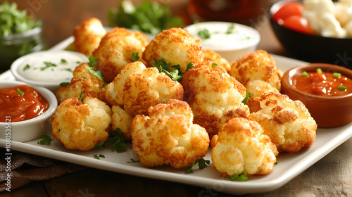 Elegant Presentation of Breaded Cauliflower Florets with a Variety of Sauces and Herbs for a Flavorful Experience