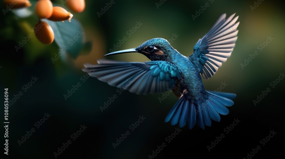 Fototapeta premium Blue hummingbird in flight near orange berries with dark green blurred background