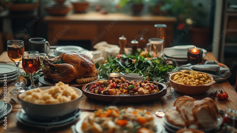 A table set for a Thanksgiving feast with a roasted turkey, stuffing, mashed potatoes, gravy, cranberry sauce, and bread. A table set for a Thanksgiving feast with a roasted turkey, stuffing, mashed potatoes, gravy, cranberry sauce, and bread.