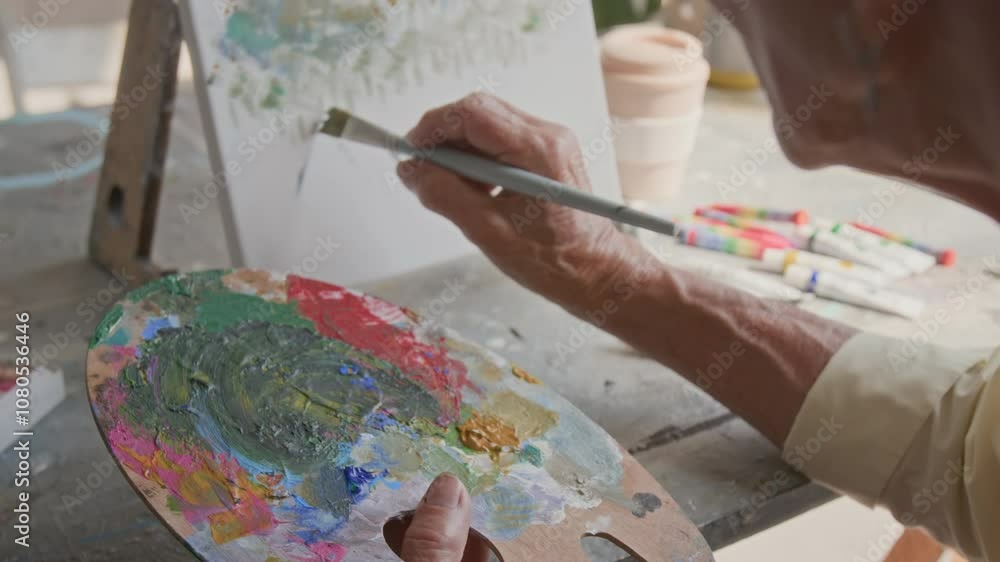 Close-up view of unknown elderly woman taking green color with brush from wooden palette and painting grass on her canvas during art workshop Close-up view of unknown elderly woman taking green color with brush from wooden palette and painting grass on her canvas during art workshop