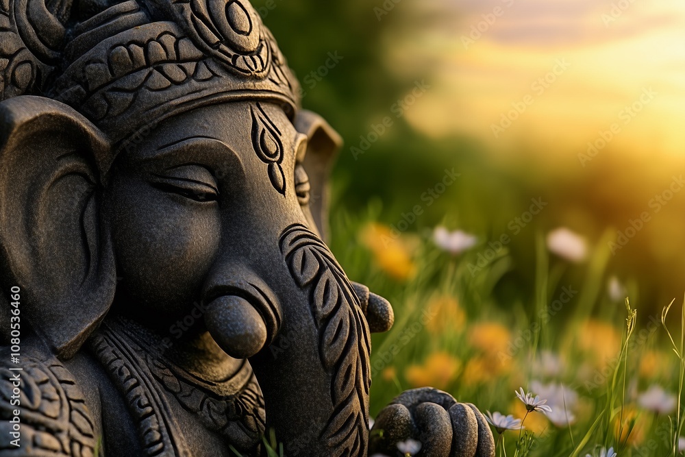 A serene statue of Lord Ganesha among wildflowers, bathed in soft sunset light, representing peace, divinity, and nature's beauty. A serene statue of Lord Ganesha among wildflowers, bathed in soft sunset light, representing peace, divinity, and nature's beauty.
