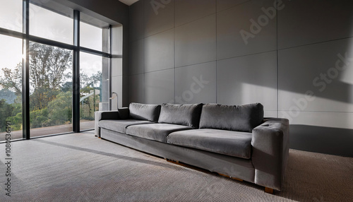 Sleek Sofa Positioned Diagonally with Natural Light from a Large Window