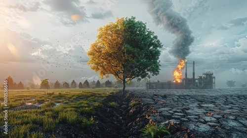 3D Illustration of Green Tree and Meadow with Clean Air Compared to Factory Emitting Pollution, Highlighting Climate Change Effects