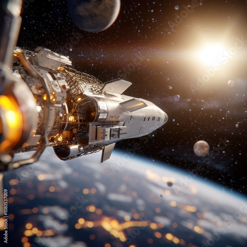 Wallpaper Mural A space shuttle docking at a glowing, high-tech space station, with planets and stars visible in the background. Futuristic, sleek, bright lights. Torontodigital.ca