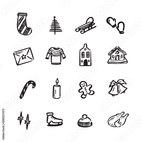 A selection of 16 simple Christmas illustration vectors in black and white. Including a stocking, Christmas tree, sledge, mittens, envelope, jumper, house, gingerbread house, candy cane and more.