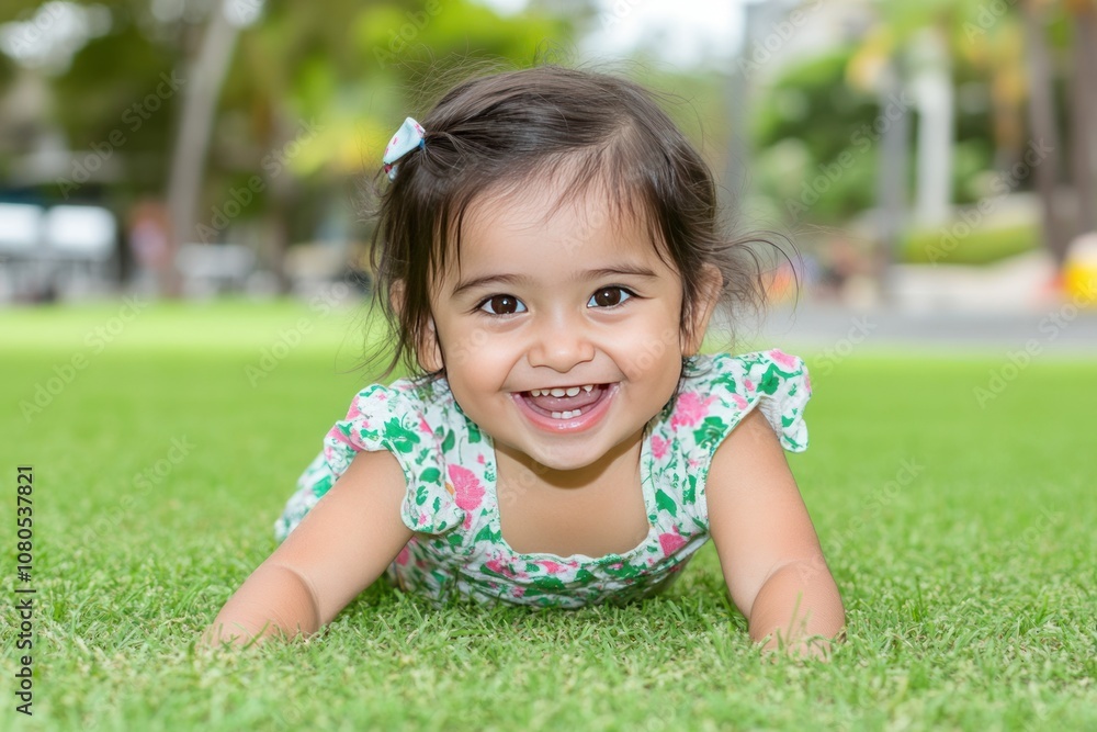 A joyful child crawling on grass, smiling brightly in a playful outdoor setting. A joyful child crawling on grass, smiling brightly in a playful outdoor setting.