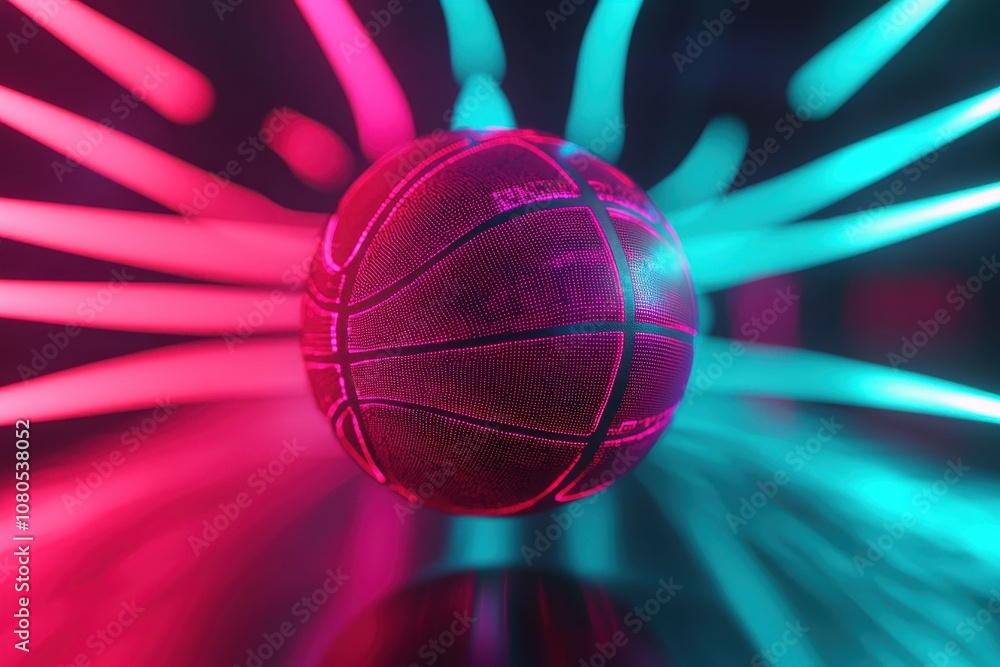A close-up of a glowing, high-tech basketball spinning in mid-air, surrounded by holographic stats and neon motion trails. Futuristic, dynamic, sharp. A close-up of a glowing, high-tech basketball spinning in mid-air, surrounded by holographic stats and neon motion trails. Futuristic, dynamic, sharp.