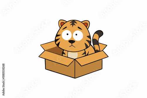 a sad tiger abandoned in a cardboard box, white background, t-shirt design