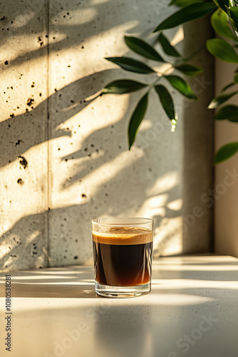 Vienna coffee in a modern, fair trade cafe with lush plant decor, off-white walls, chic shadows, trendy, vegan ambiance