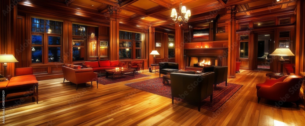 Luxurious Living Room with Fireplace and Wooden Accents Luxurious Living Room with Fireplace and Wooden Accents