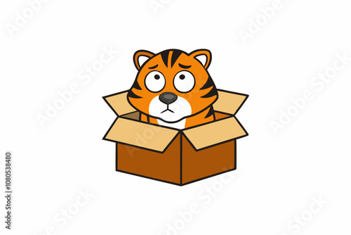 a sad tiger abandoned in a cardboard box, white background, t-shirt design