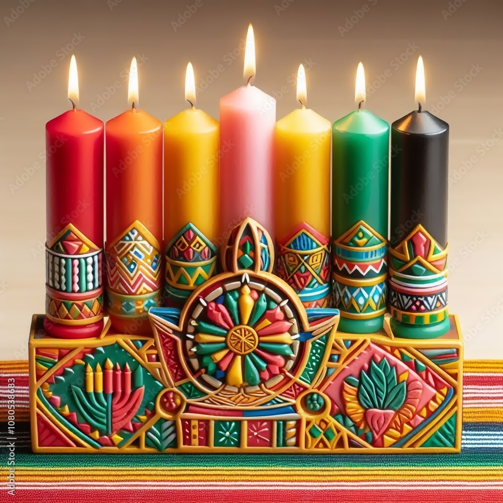 Naklejka premium seven Kwanzaa candles on a decorated table with African ornaments, fruits, and corn, symbolizing unity, culture, and gratitude in Kwanzaa traditions