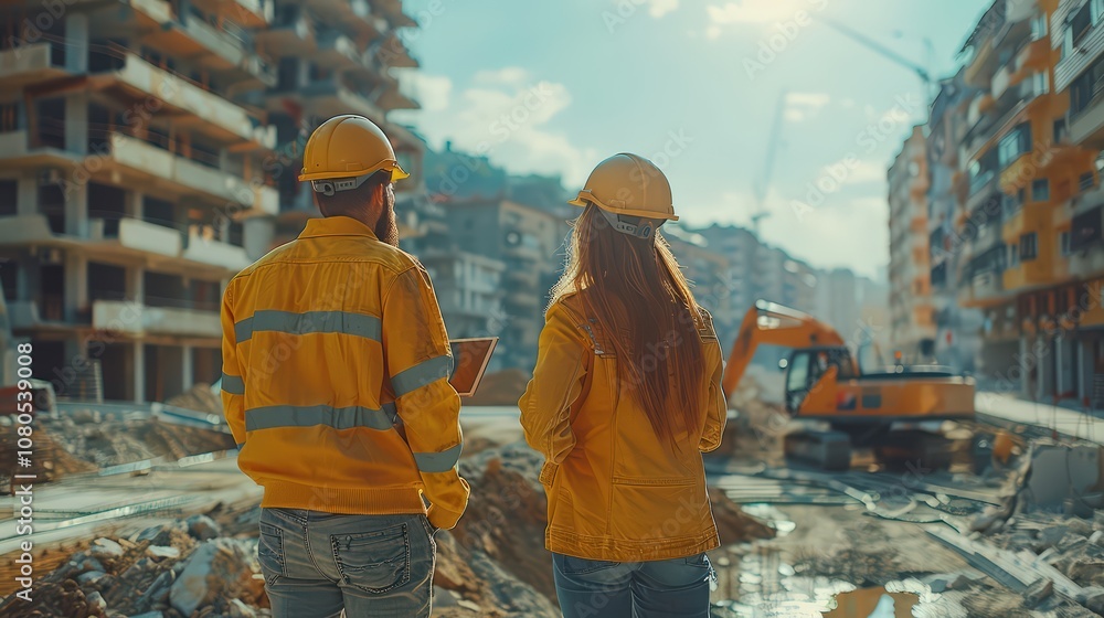 Diverse Team of Real Estate Developers, Engineers, and Architects Discuss Project at Construction Site with Excavators on Sunny Day Diverse Team of Real Estate Developers, Engineers, and Architects Discuss Project at Construction Site with Excavators on Sunny Day