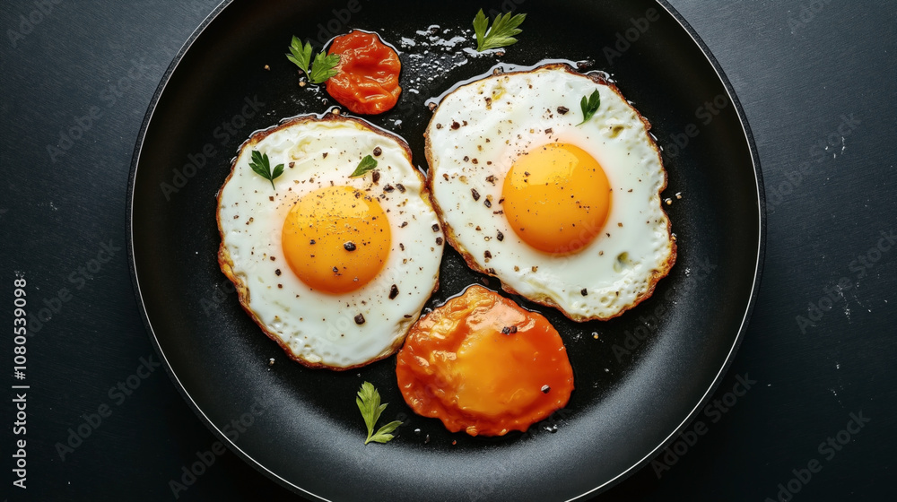 Fried eggs with bright yellow yolks and pepper seasoning in a non-stick frying pan garnished with parsley and roasted red pepper slices on a dark background for breakfast Fried eggs with bright yellow yolks and pepper seasoning in a non-stick frying pan garnished with parsley and roasted red pepper slices on a dark background for breakfast