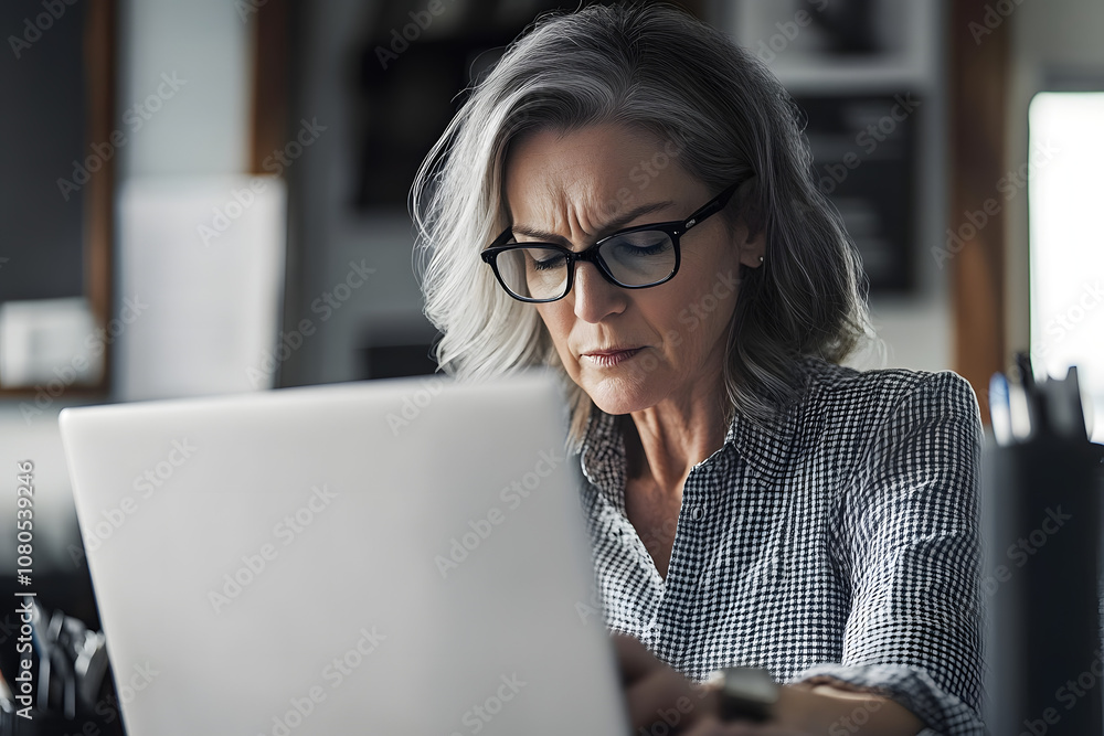 Mature woman, laptop and stress in office, 404 error and manager with glasses for eyesight difficulty. Female person, taxes mistake and website glitch at accounting firm, frustrated and finance fail Mature woman, laptop and stress in office, 404 error and manager with glasses for eyesight difficulty. Female person, taxes mistake and website glitch at accounting firm, frustrated and finance fail