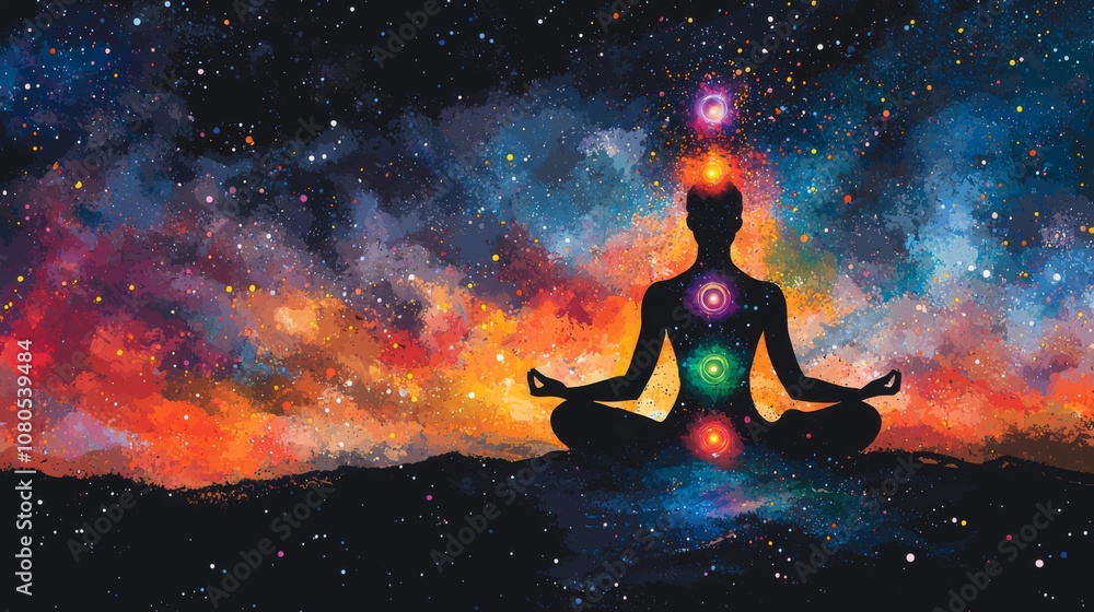 Chakras depicted on meditating figure in cosmic background illustraction Chakras depicted on meditating figure in cosmic background illustraction