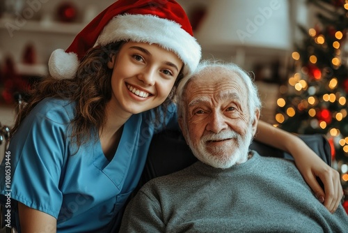 Young nurse in a Santa hat standing beside an elderly man in a wheelchair in a Christmas-decorated nursing home. Perfect for holiday-themed senior care visuals.