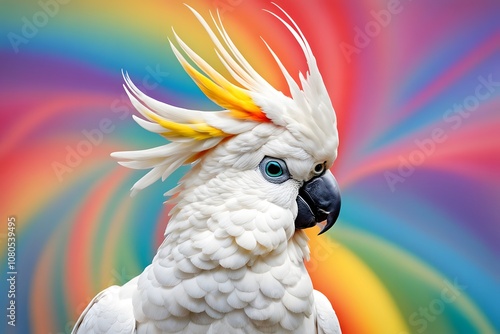 A cockatoo with a bright rainbow swirl background, AI Generated photo