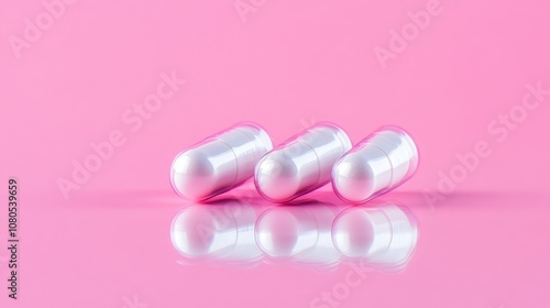 Soft gel capsules on a pink reflective surface