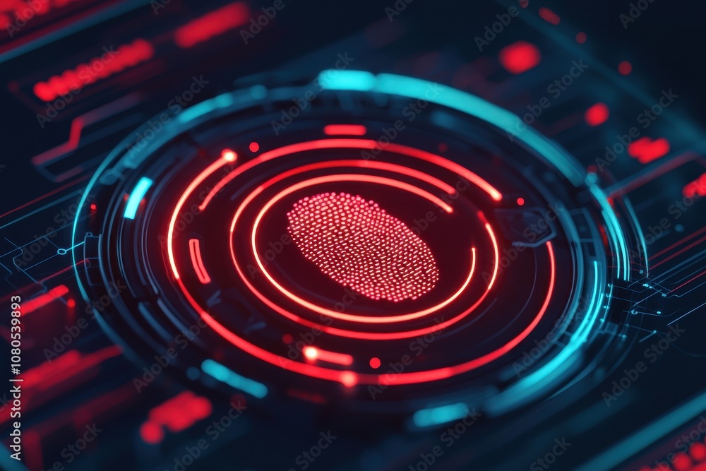 A close-up of a glowing biometric scanner, with a digital fingerprint interface surrounded by holographic security data. Sci-fi, sharp, high contrast. A close-up of a glowing biometric scanner, with a digital fingerprint interface surrounded by holographic security data. Sci-fi, sharp, high contrast.